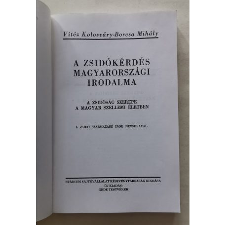 Vitéz Kolosváry-Borcsa Mihály: A zsidókérdés magyarországi irodalma 