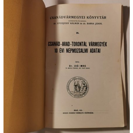 Joó Imre, Dr.: Csanád-Arad-Torontál vármegyék 10 évi népmozgalmi adatai (Csanádvármegyei Könyvtár 21.)