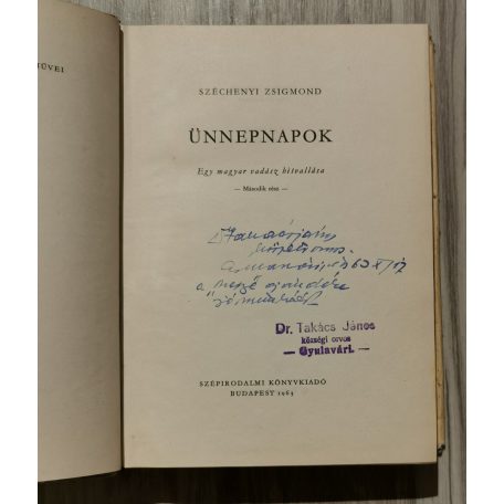 Széchenyi Zsigmond: Ünnepnapok (Feltehetőleg a szerző ajándékozási soraival, első kiadás)