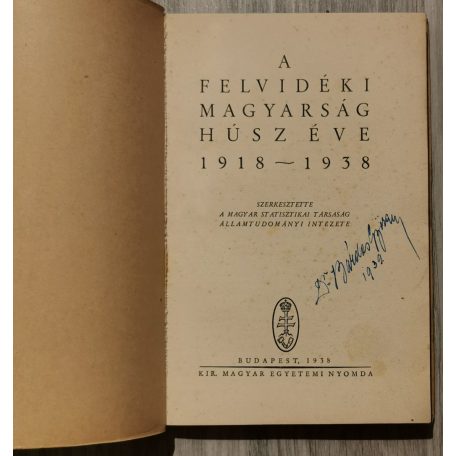 A felvidéki magyarság húsz éve 1918-1938 (kihajtható mellékletekkel) Dr. Bárdos György névbeírásával.