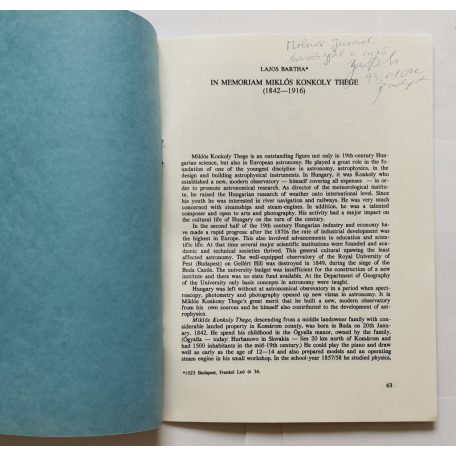 Lajos Bartha: In memorian Miklos Konkoly Thege (különlenyomat) - Dedikált