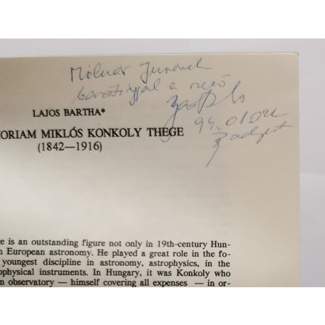 Lajos Bartha: In memorian Miklos Konkoly Thege (különlenyomat) - Dedikált