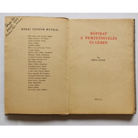 Márai Sándor: Röpirat a nemzetnevelés ügyében (Első kiadás)