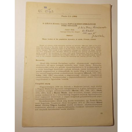 Jakab Béla: A gólya (Ciconia ciconia) populáciodinamikájának főbb tényezői (Dedikált)