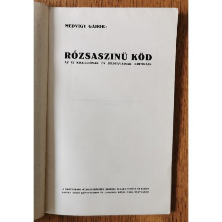 Medvigy Gábor: Rózsaszinű köd. Az uj koaliciónak és jelszavainak kritikája. (A nagyváradi „Szabadság”-ban megjelent vezércikkek)