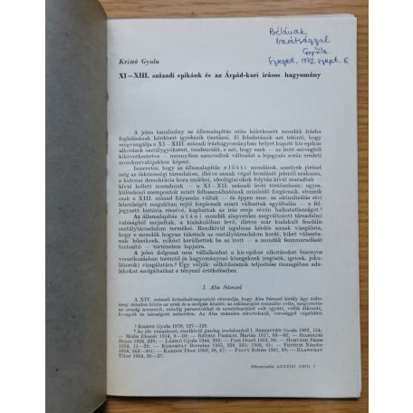 Kristó Gyula: XI-XIII. századi epikánk és az Árpád-kori írásos hagyomány (Dedikált!)