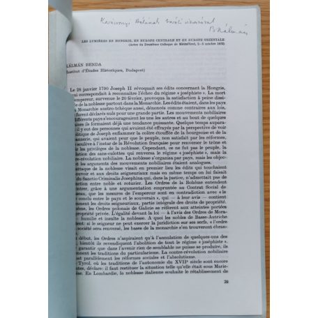 Benda Kálmán: Les Lumiéres en Hongrie, en Europe Centrale et en Europe Orientale (Dedikált!)