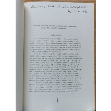 Nyíri Antal: Az ómagyar labiális utótagú kettőshangzók kérdésének vitája és valószínű megoldása  (Dedikált!)