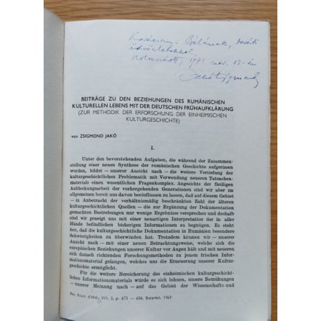 Jakó Zsigmond: Beitrage zu Den Beziehungen Des Rumanischen...(Dedikált!)