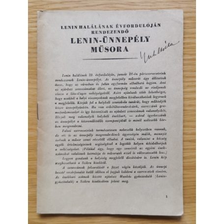 Lenin halálának évfordulóján rendezendő Lenin-Ünnepély műsora