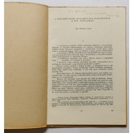 Rúzsás Lajos, Dr.: A szőlőművelés átalakulása Baranyában a XIX. században (különnyomat) - Dedikált