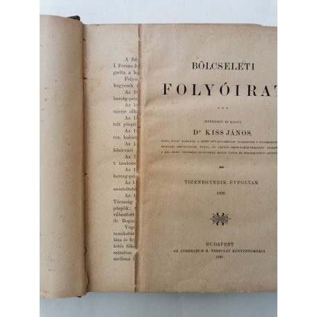 Kiss János, Dr. (szerk.): Bölcseleti folyóirat XI. évf. 1896